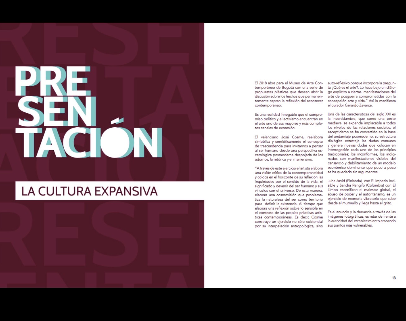 Doble página de la revista Curadurías con el título Presentación: La cultura expansiva y la página 13