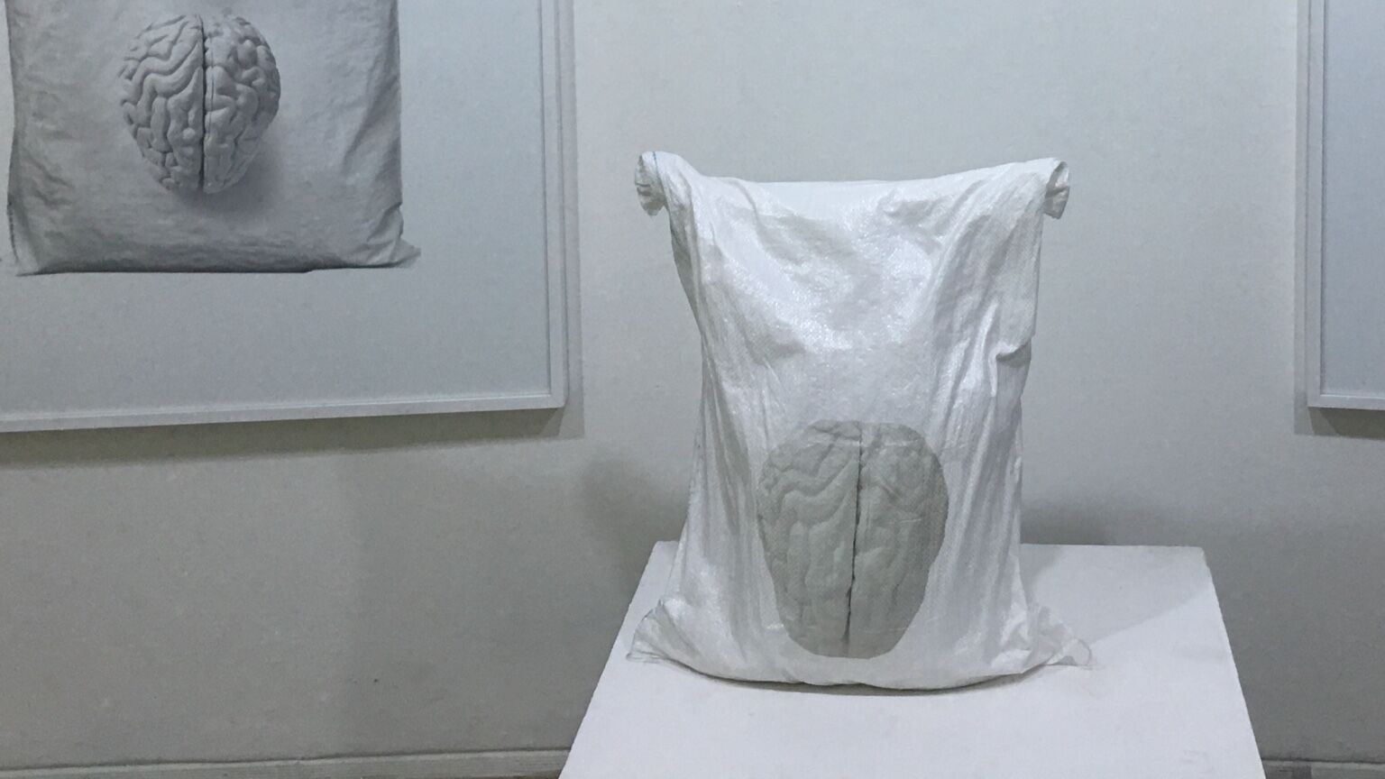 El Todo y la Nada by José Cosme, sculpted brain integrated into a white material sack