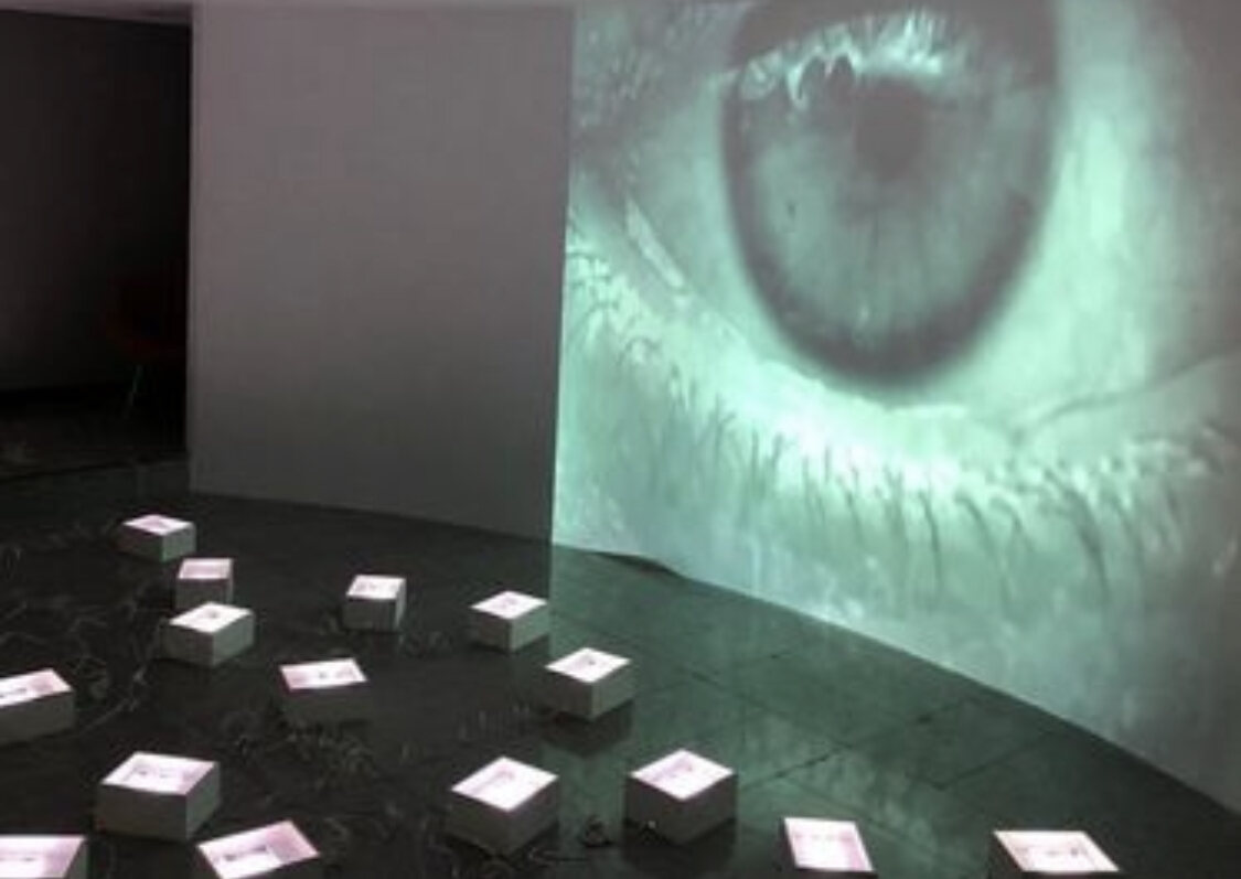Transhuman Eye by José Cosme, installation view with a monumental projected eye
